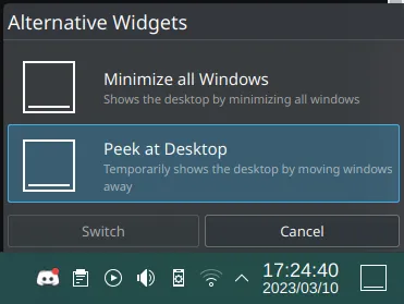 Plasma&#x27;s Alternative Widget, with 2 options (Minimize all Windows/Show Desktop