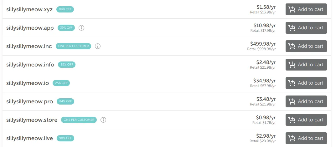 A domain registrar website, showing 8 different Top-Level domain offerings for the name 'sillysillymeow'