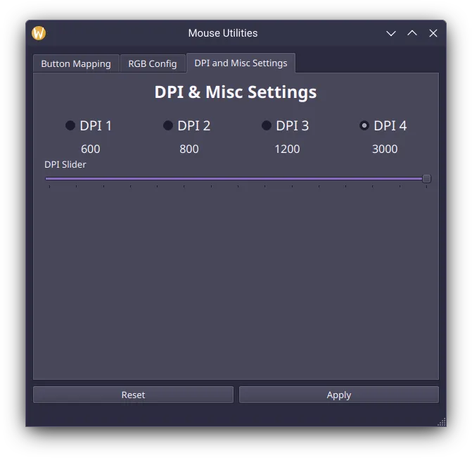 My mouse program, showing the DPI Page with 4 DPI profile to choose from, and a slider ranging between 200 - 3000