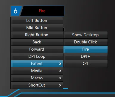 Button binding page in the mouse software, allowing a button to be binded to an action called 'Fire'