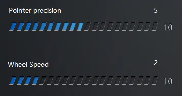 Advanced page in the mouse software, with a Pointer precision slider and a wheel speed slider