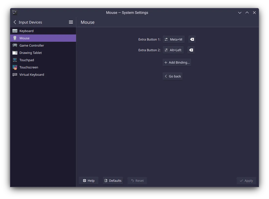 KDE Mouse Settings Window, allowing you to rebind extra buttons