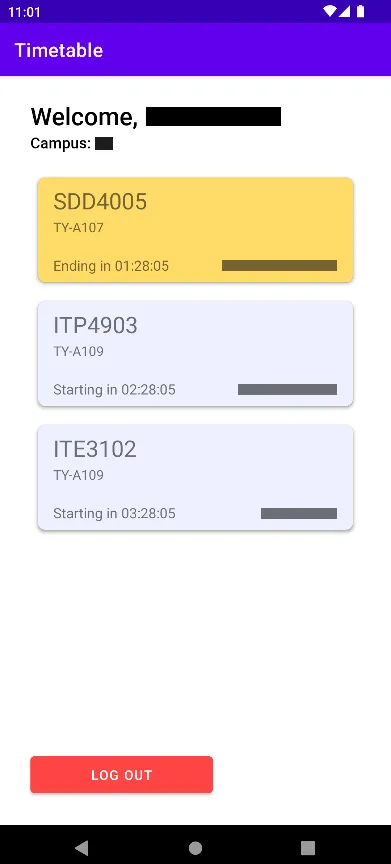 My initial android app showing class schedules of today, in a card list