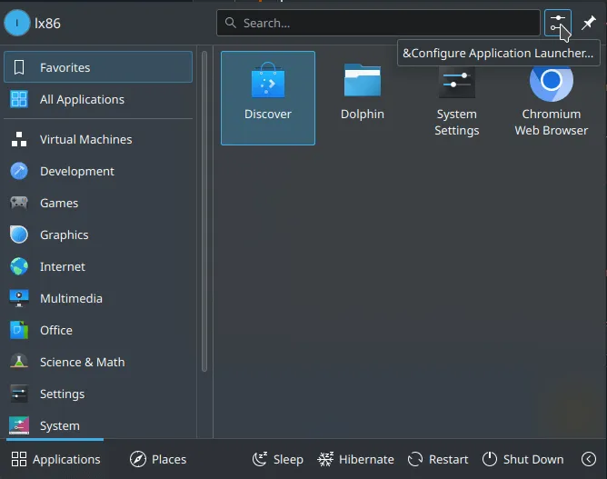 KDE Application Launcher, with mouse hovered over the settings icon on top right