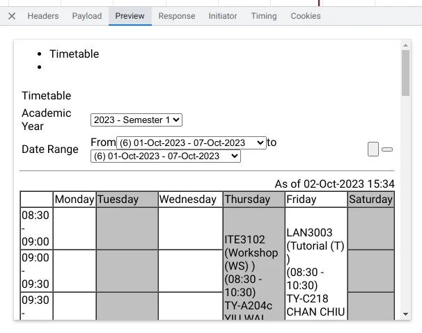 Chromium&#x27;s DevTool, showing the response of the timetable page in HTML