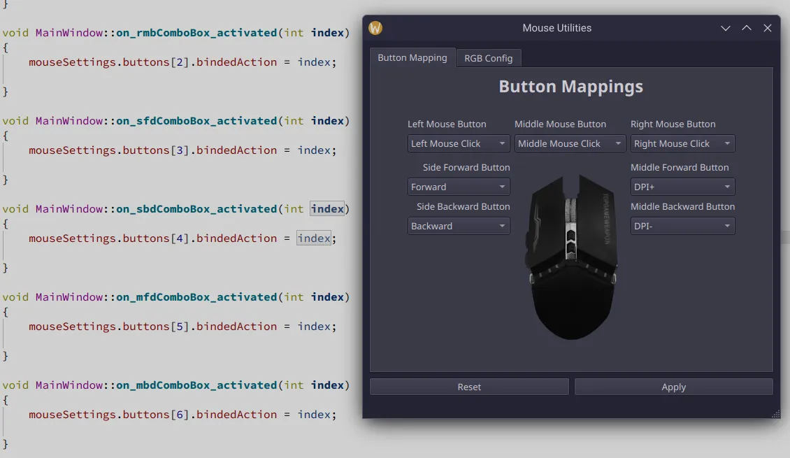 Qt Creator showing C++ code with repetitive functions and my newly written program side by side