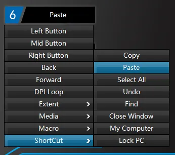 Button binding page from the mouse software, with a Shortcut submenu that offers actions like Copy/Paste