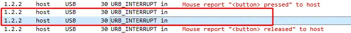 Wireshark USB Packet listing. First packet is the Mouse reported that the button is pressed. There's 2 more usb packets in between, and the last packet is the Mouse reported that the button is released