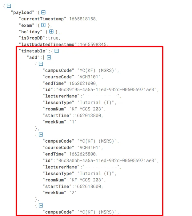 A JSON Timetable response from the school&#x27;s API