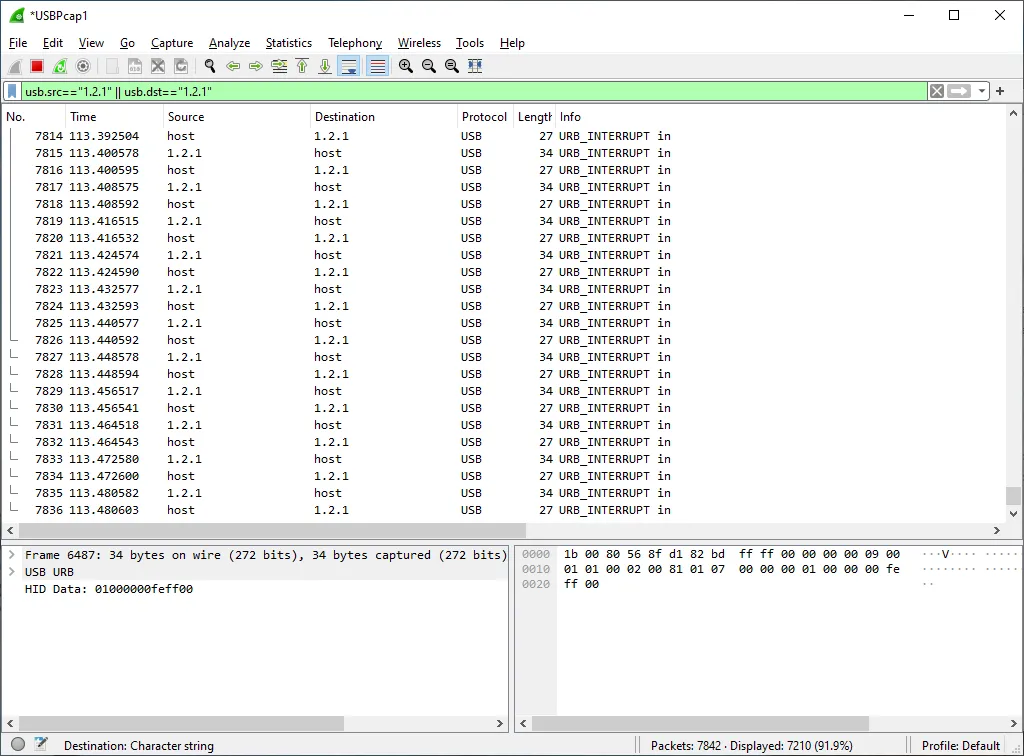 Wireshark Window, with usb packets filtered to usb address 1.2.1