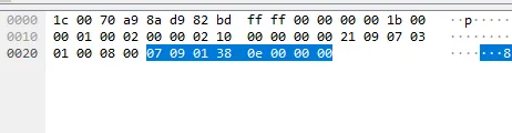 Wireshark packet, highlighting the data '07 09 AD DC 0e 00 00 00'