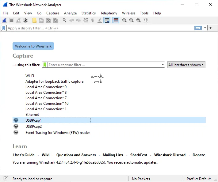 Wireshark Home Screen, presenting a list of interfaces that can be captured. USBPCap appeared there.