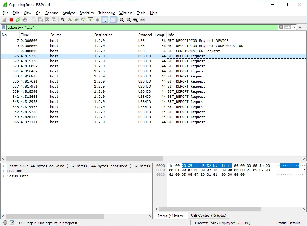 Wireshark Window, with a list of usb packets appearing after clicking the Apply button in the mouse software.