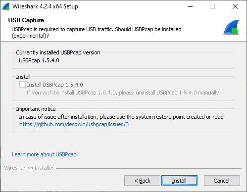 Wireshark Installer on Windows, asking whether you want to install USBPCap