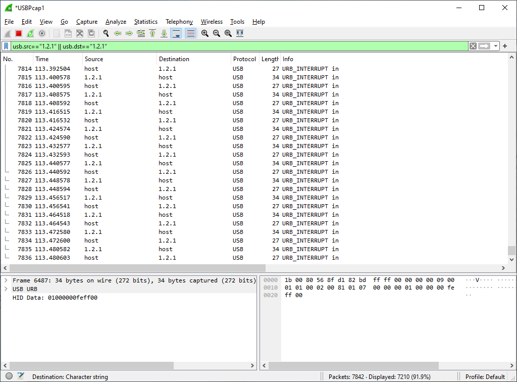 Wireshark Window, with usb packets filtered to usb address 1.2.1