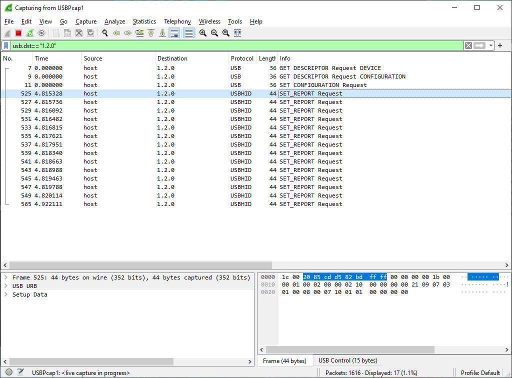 Wireshark Window, with a list of usb packets appearing after clicking the Apply button in the mouse software