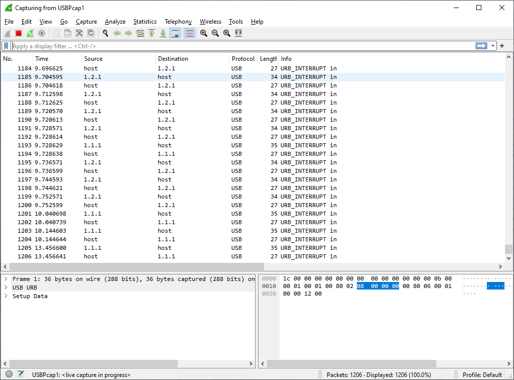 Wireshark Window, with tons of USB Packets displayed