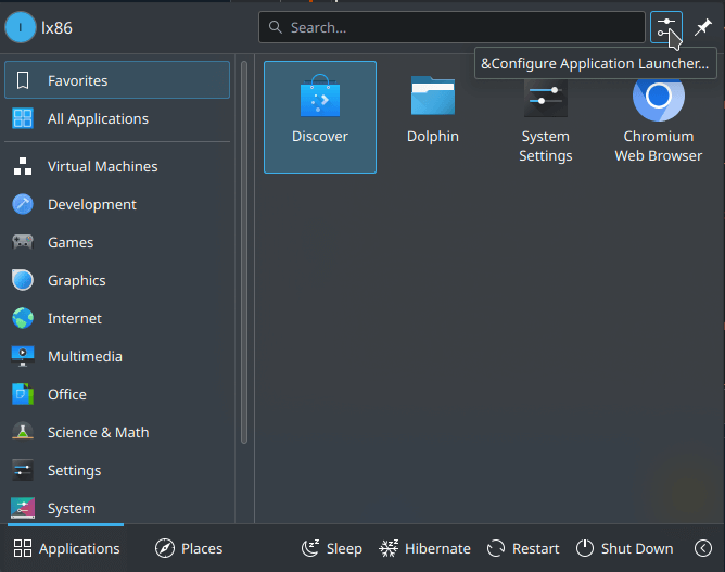 KDE Application Launcher, with mouse hovered over the settings icon on top right