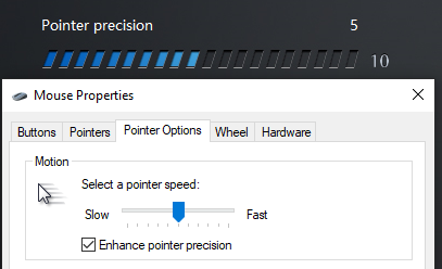 The Pointer precision slider in the mouse software and Windows mouse pointer speed settings side by side, showing that they match