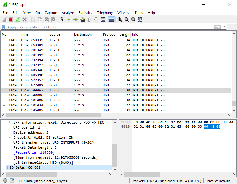 Wireshark window with bunch of USB Packet, with a highlighted packet from usb address 1.2.2