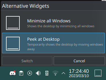 Plasma's Alternative Widget, with 2 options (Minimize all Windows/Show Desktop) 
